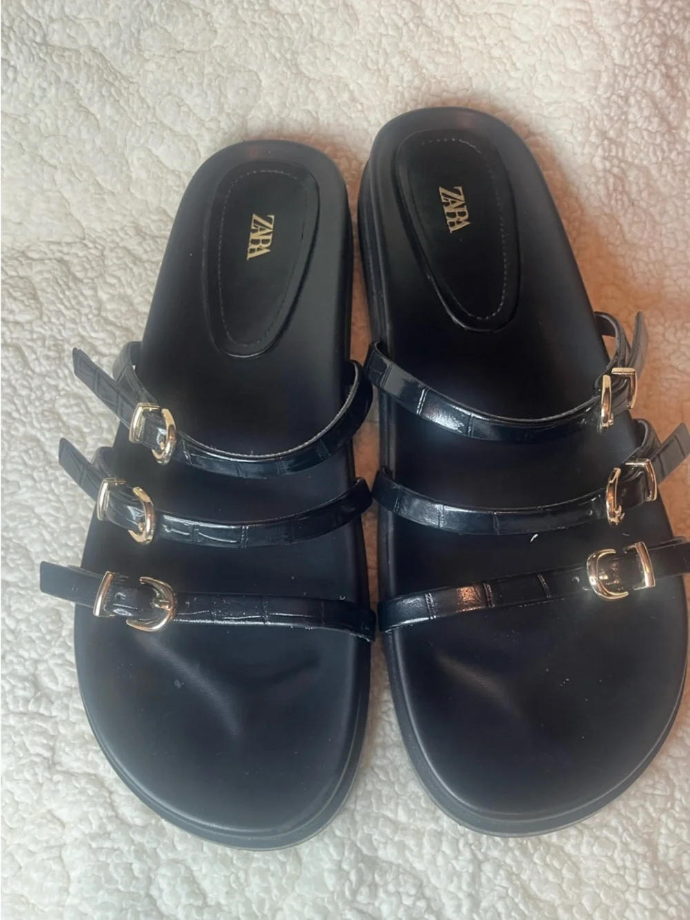 Zara Black Slide Sandals Buckle Strappy Flat Size 39 / US 8 - Picture 6 of 8
